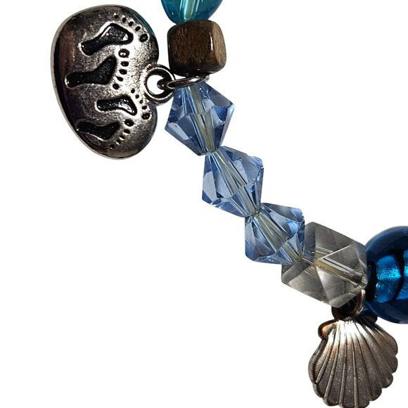 Footprints Prayer Blue Beaded Charm Bracelet Stretch Jesus Religious Christian - Picture 3 of 5